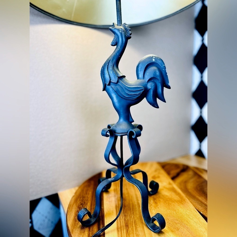 Wrought Iron Rooster Lamp French Country w/‎ Original Black Gold Shade Farmhouse - Picture 5 of 11